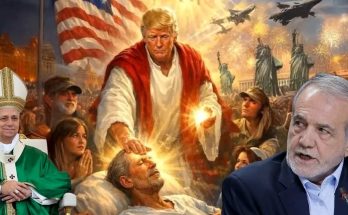 donald Trump as divine figure healing man, with American flag, Statue of Liberty, and