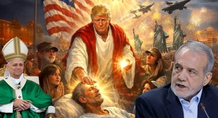 donald Trump as divine figure healing man, with American flag, Statue of Liberty, and