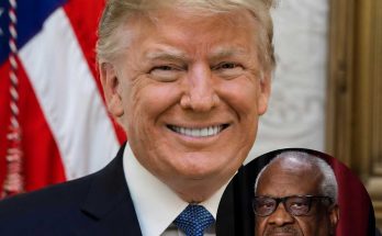 former President Donald Trump smiles in front of American flag with inset image of