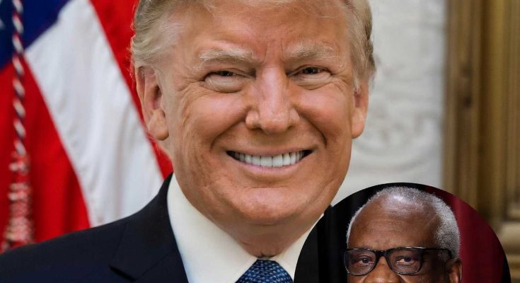 former President Donald Trump smiles in front of American flag with inset image of