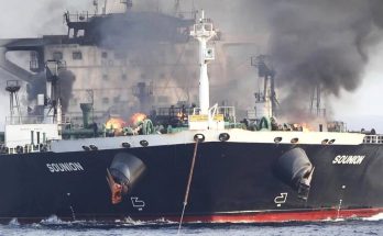 large tanker ship Solunion on fire with thick black smoke rising from deck amid ocean