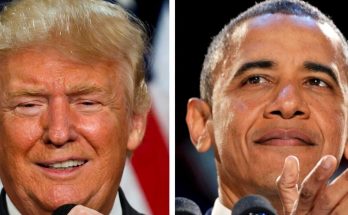 donald Trump and Barack Obama speaking at separate political events with microphones and