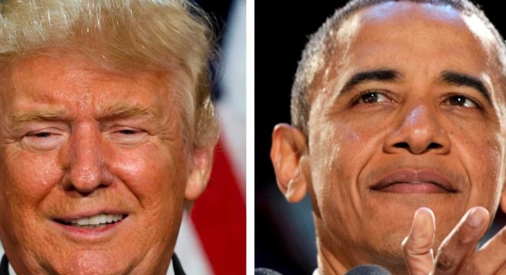 donald Trump and Barack Obama speaking at separate political events with microphones and