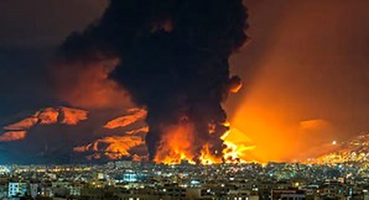massive fireball and smoke plume erupting over a city skyline at night