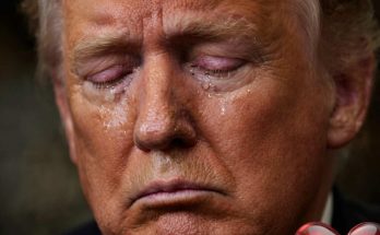 donald Trump crying with tears streaming down his face and a broken heart emoji overlay