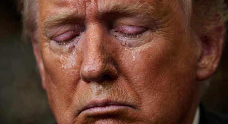 donald Trump crying with tears streaming down his face and a broken heart emoji overlay