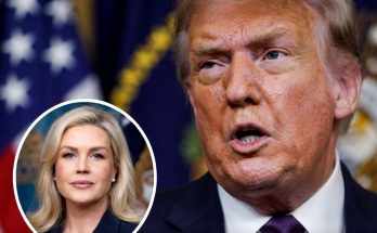 donald Trump speaking at press conference with inset photo of Kimberly Guilfoyle