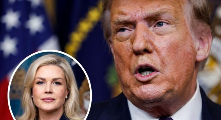 donald Trump speaking at press conference with inset photo of Kimberly Guilfoyle