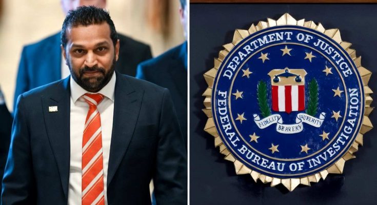 man in suit and red tie stands beside FBI seal in official setting