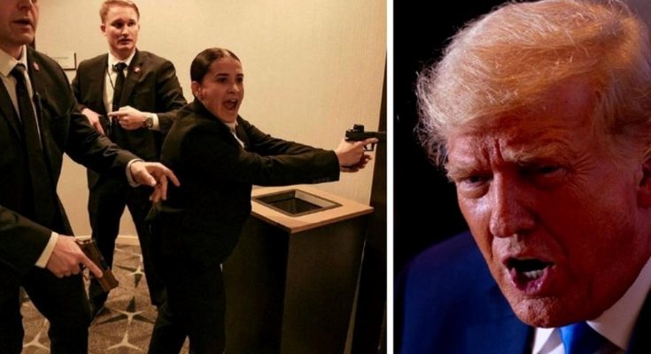 security team with guns, intense confrontation near prominent political figure
