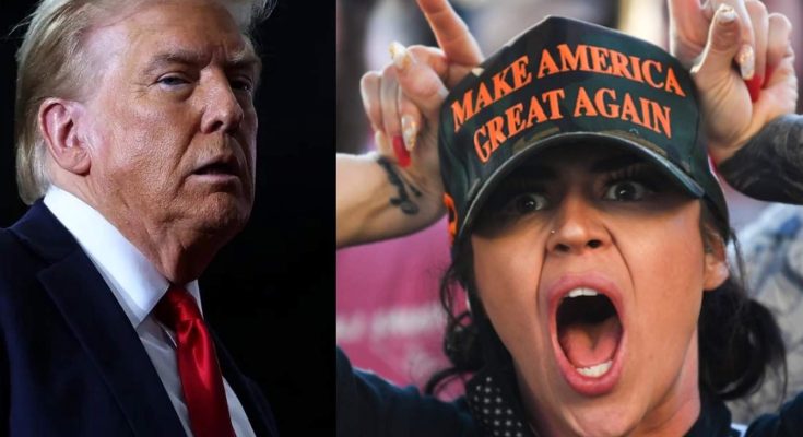 donald Trump in suit and red tie beside supporter wearing 'Make America Great Again' cap