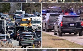 waterford Police SUVs with flashing lights respond to emergency scene with school bus and