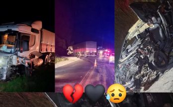 three-panel image shows nighttime truck collision aftermath with emergency lights