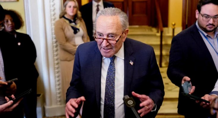senator Chuck Schumer speaks to reporters in a hallway, gesturing with hands while