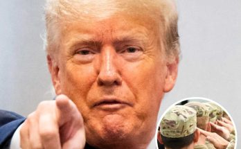 donald Trump pointing forward with military personnel saluting in inset