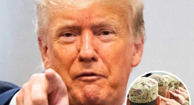 donald Trump pointing forward with military personnel saluting in inset