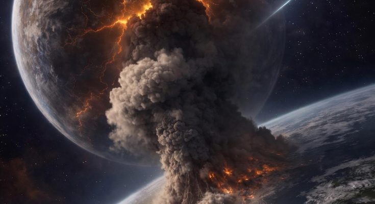 Earth exploding with massive fire and smoke