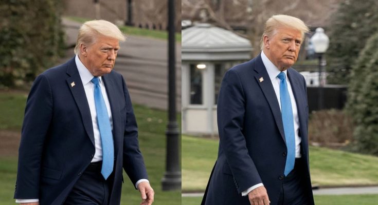 Donald Trump walking in blue suit and tie