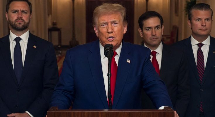 donald Trump speaking at podium with J.D. Vance, Marco Rubio and Pete Hegseth standing