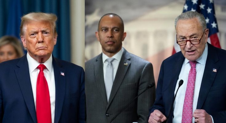 former President Donald Trump, Senator Cory Booker, and Senator Chuck Schumer at a