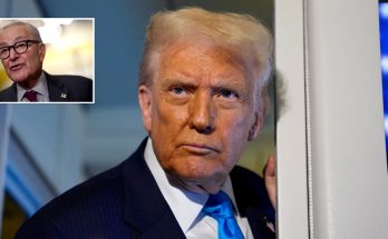 donald Trump in dark suit and bright blue tie stands in doorway with inset of Senator