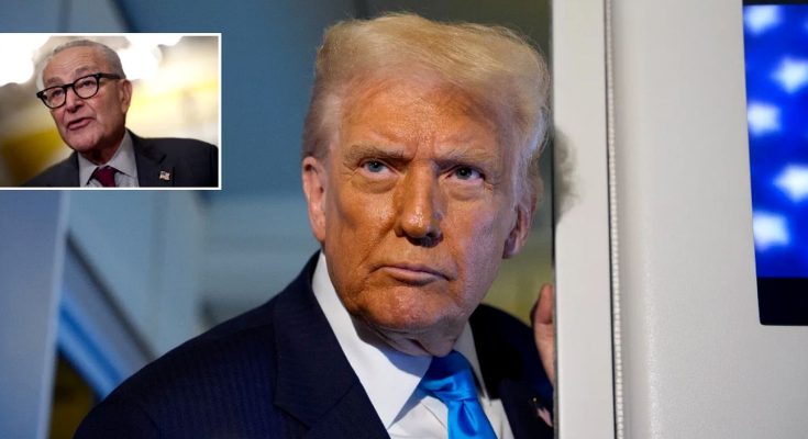 donald Trump in dark suit and bright blue tie stands in doorway with inset of Senator