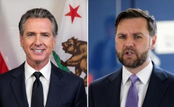 california Governor Gavin Newsom and a man in suit with blue background