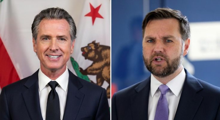 california Governor Gavin Newsom and a man in suit with blue background