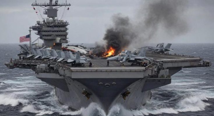 Aircraft carrier on fire at sea