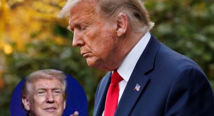 donald Trump in blue suit and red tie, looking down outdoors with autumn foliage, inset