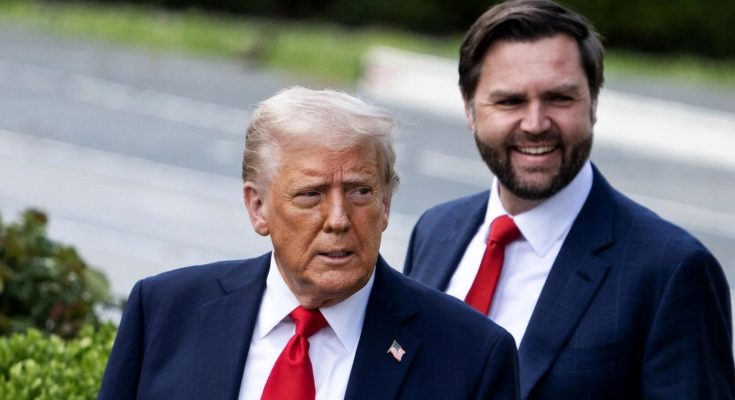 donald Trump and Ron DeSantis walking outdoors in suits with red ties, American flag pin