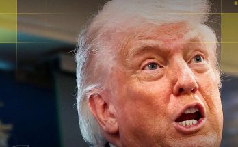 former President Donald Trump speaking with an intense expression, white hair, and open