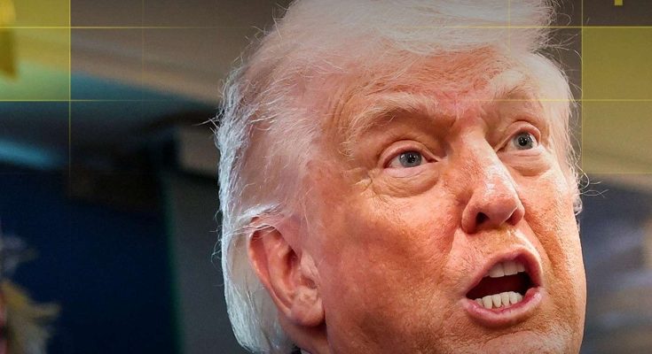 former President Donald Trump speaking with an intense expression, white hair, and open