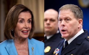 nancy Pelosi and Chris Wray in separate official portraits, both mid-speech in formal