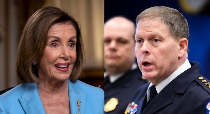 nancy Pelosi and Chris Wray in separate official portraits, both mid-speech in formal