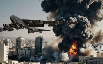 B-52 bomber over massive city explosion