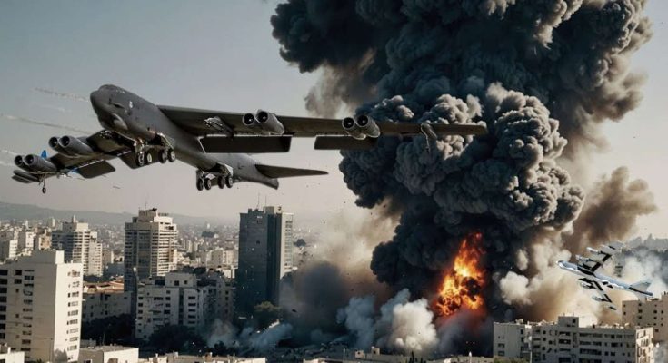 B-52 bomber over massive city explosion