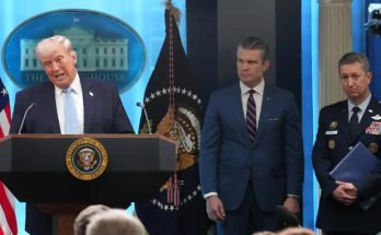 former President Donald Trump speaks at a White House press conference with two men