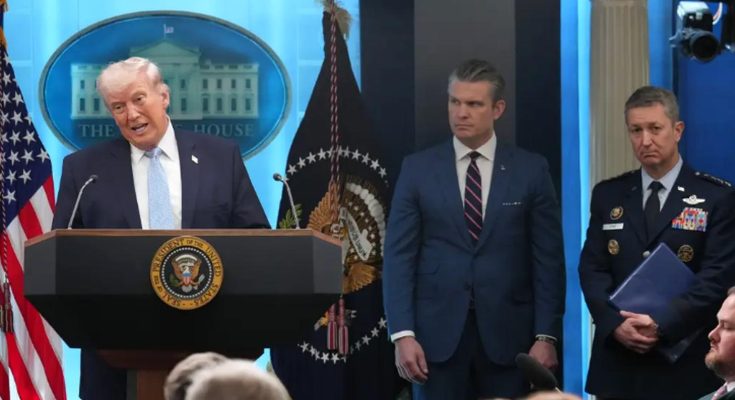former President Donald Trump speaks at a White House press conference with two men
