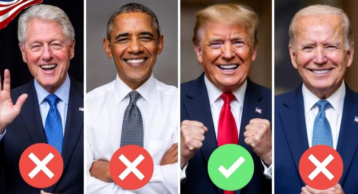 four former U.S. presidents with red Xs and one green checkmark indicating a selection