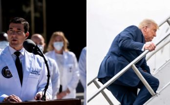 two side-by-side images: A doctor in a white coat speaking at a podium with masked
