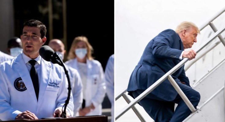 two side-by-side images: A doctor in a white coat speaking at a podium with masked
