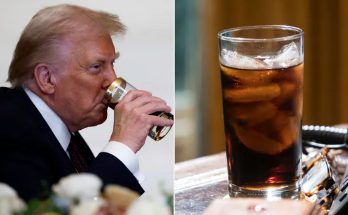 donald Trump drinking from a gold-rimmed glass beside a tall glass of iced dark soda on a