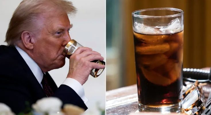 donald Trump drinking from a gold-rimmed glass beside a tall glass of iced dark soda on a