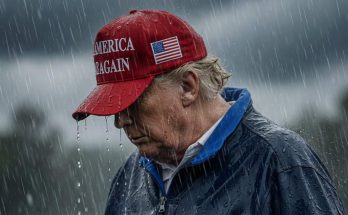 Trump in rain wearing MAGA hat