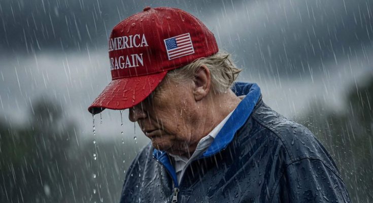 Trump in rain wearing MAGA hat