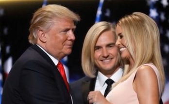 donald Trump, Eric Trump, and Ivanka Trump pose together at a political event with