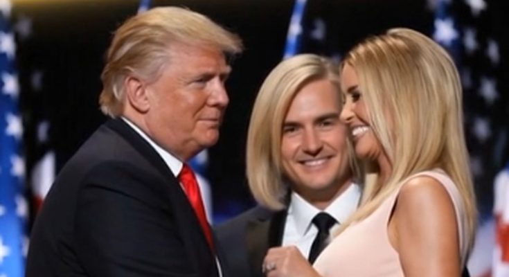 donald Trump, Eric Trump, and Ivanka Trump pose together at a political event with