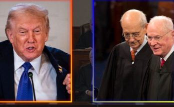 former President Donald Trump speaking at podium, and two Supreme Court justices in robes