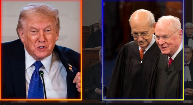 former President Donald Trump speaking at podium, and two Supreme Court justices in robes